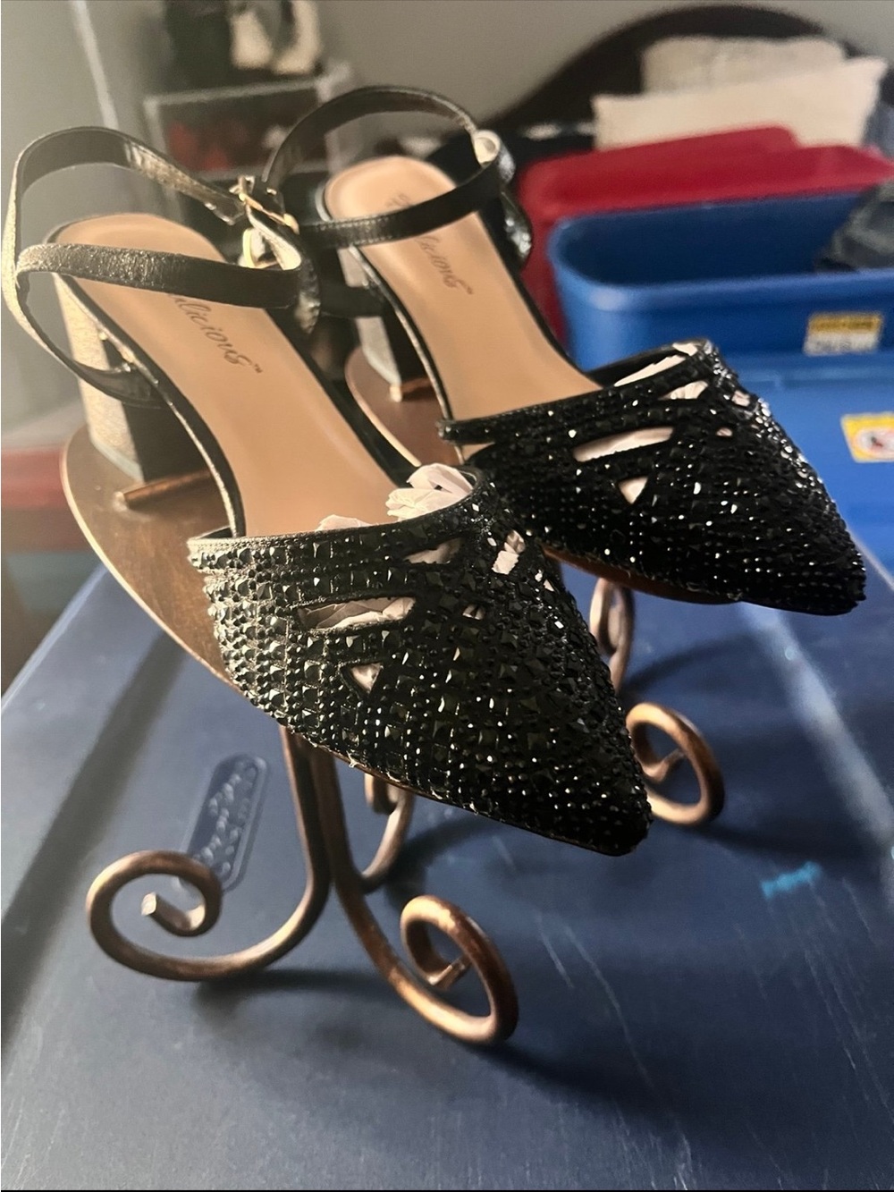 Pleaser NWT Black Beaded Pointed Slingback Heels 6M,7M,8M9M,10M
